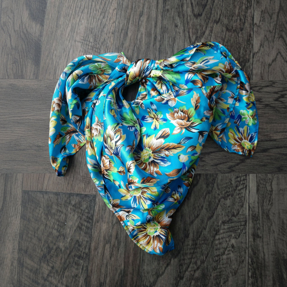 Bright Blue Wild Daisy Floral Print Cowboy Silk Charmeuse Wild Rag Western Neck Scarf Bandana