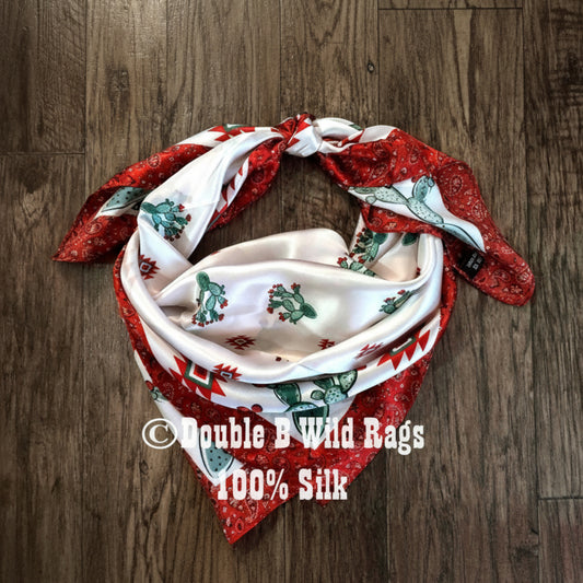 Wild Rag 100% Silk Cactus Red Bandana Border Cowboy Western Neck Scarf with Teal Green and Red colors. An exclusive design by Double B Wild Rags. Cactus, Aztec motif, with a classic red bandana border.