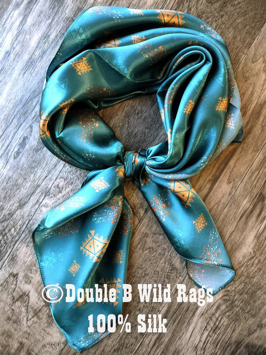 Wild Rag 100% Silk Teal and Bronze Aztec Cowboy Western Neck Scarf Bandanna by Double B Wild Rags