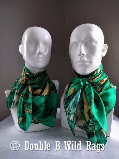 Wild Rag 100% Silk Teal Green and Gold Marble Bandana Border Cowboy Western Neck Scarf Bandanna by Double B Wild Rags