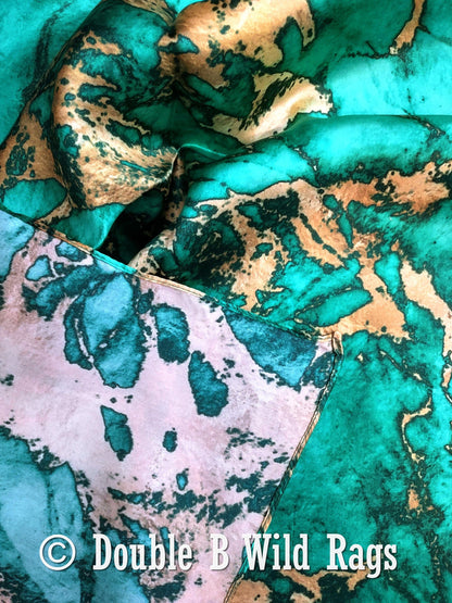 Wild Rag 100% Silk Teal Green and Gold Marble Bandana Border Cowboy Western Neck Scarf Bandanna by Double B Wild Rags