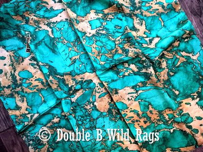 Wild Rag 100% Silk Teal Green and Gold Marble Bandana Border Cowboy Western Neck Scarf Bandanna by Double B Wild Rags