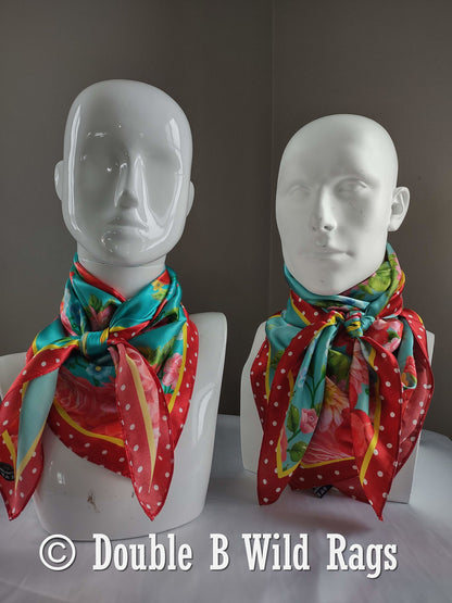 Wild Rag 100% Silk Red Polka Dot with Turquoise Floral Cowboy Western Neck Scarf Bandanna by Double B Wild Rags