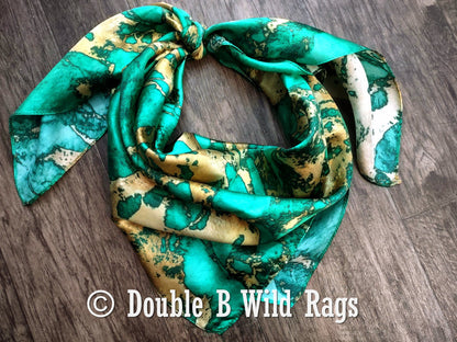 Wild Rag 100% Silk Teal Green and Gold Marble Bandana Border Cowboy Western Neck Scarf Bandanna by Double B Wild Rags