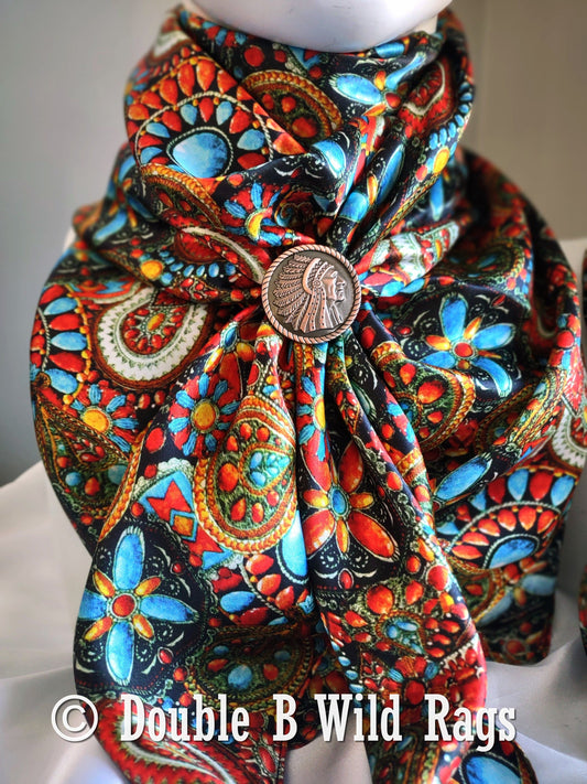 Wild Rag 100% Silk Native Indian Southwest Turquoise and Jewels Cowboy Western Neck Scarf Bandanna by Double B Wild Rags