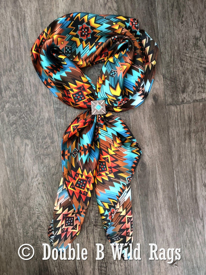 Wild Rag 100% Silk Turquoise and Orange Sunset Cowboy Western Neck Scarf Bandanna by Double B Wild Rags
