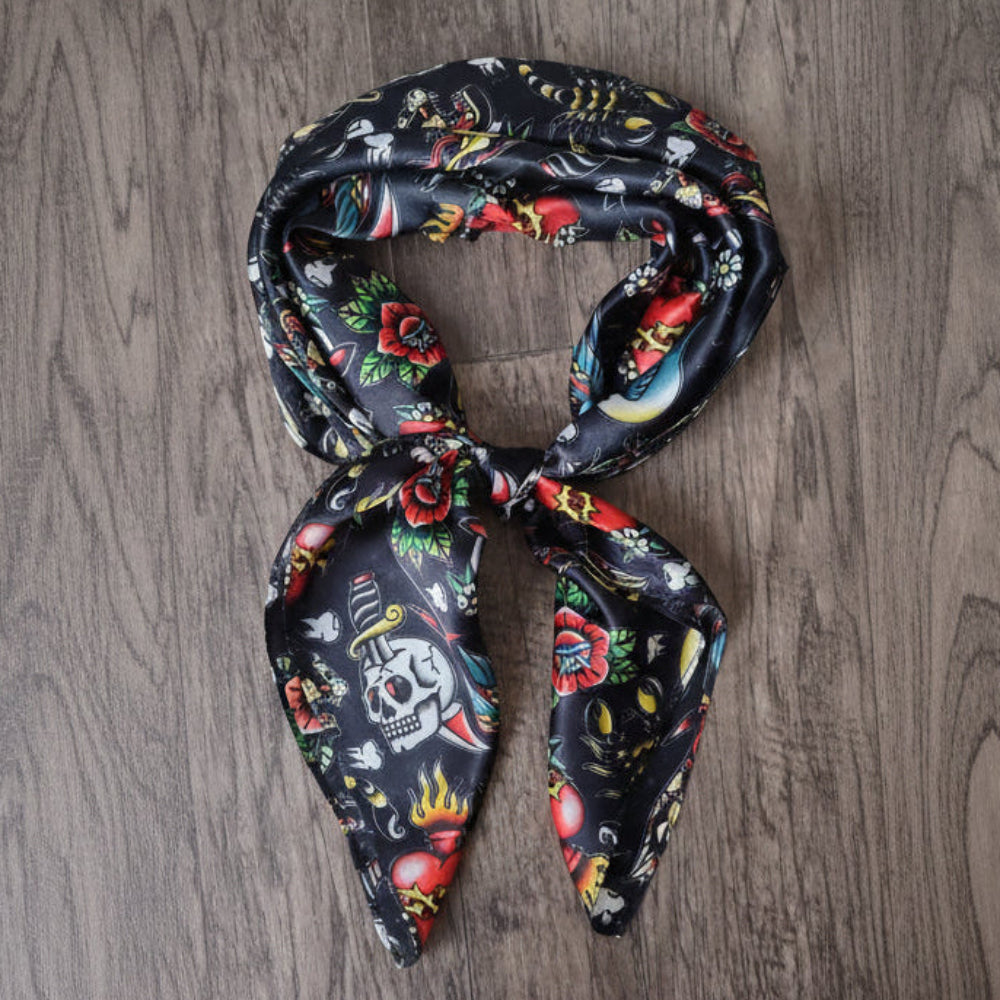 Wild Rag 100% SILK Black Classic Tattoos Skulls Cowboy Western Neck Scarf Bandana by Double B Wild Rags