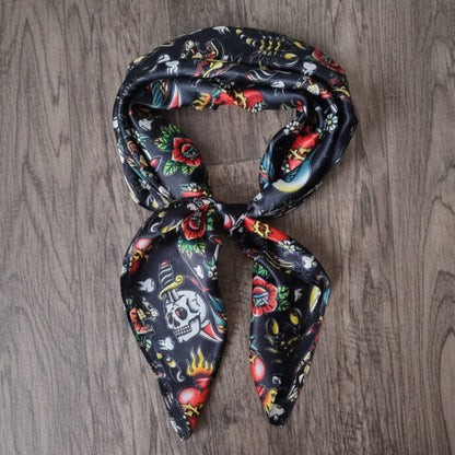 Wild Rag 100% SILK Black Classic Tattoos Skulls Cowboy Western Neck Scarf Bandana by Double B Wild Rags