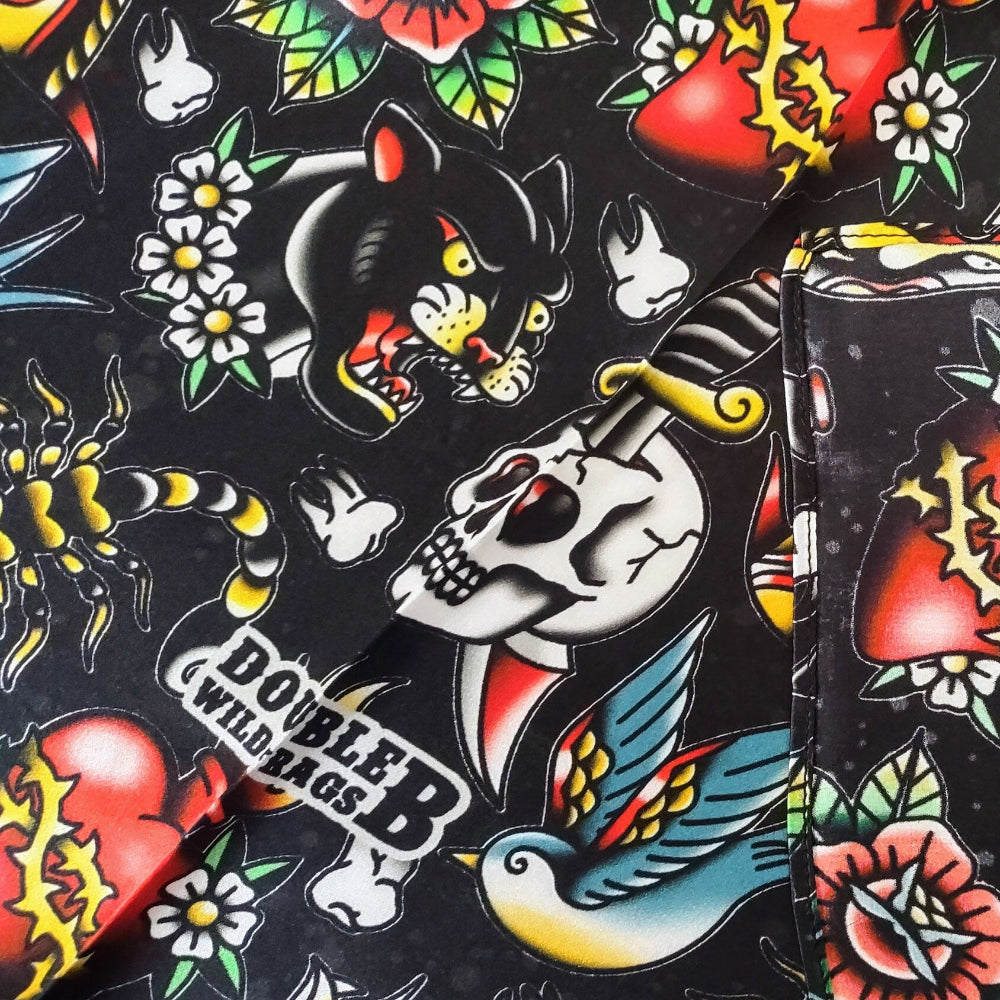Wild Rag 100% SILK Black Classic Tattoos Skulls Cowboy Western Neck Scarf Bandana by Double B Wild Rags