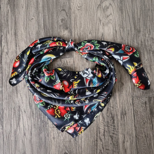 Wild Rag 100% SILK Black Classic Tattoos Skulls Cowboy Western Neck Scarf Bandana by Double B Wild Rags