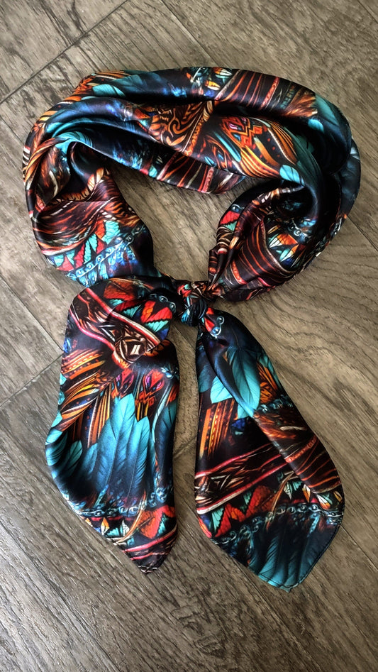 Wild Rag 100% SILK Native Teal and Gold Feather Cowboy Western Neck Scarf Bandanna by Double B Wild Rags