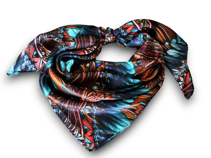 Wild Rag 100% SILK Native Teal and Gold Feather Cowboy Western Neck Scarf Bandanna by Double B Wild Rags
