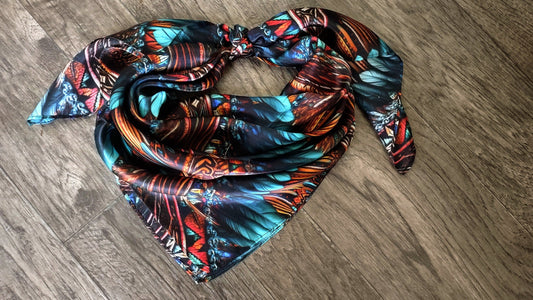 Wild Rag 100% SILK Native Teal and Gold Feather Cowboy Western Neck Scarf Bandanna by Double B Wild Rags