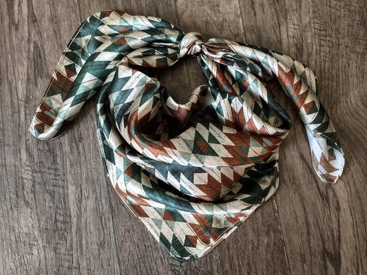 Wild Rag 100% SILK Green and Brown Distressed Aztec Cowboy Western Neck Scarf Bandanna by Double B Wild Rags