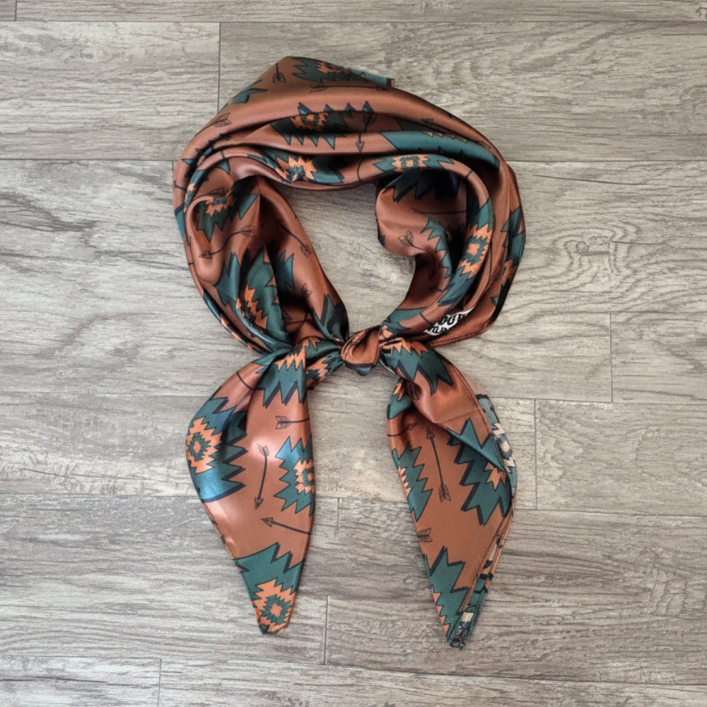Wild Rag 100% SILK Brown Teal Green Aztec Arrow Western Neck Scarf Bandana Medium Brown with Dark Teal Green Aztec shapes and black arrows