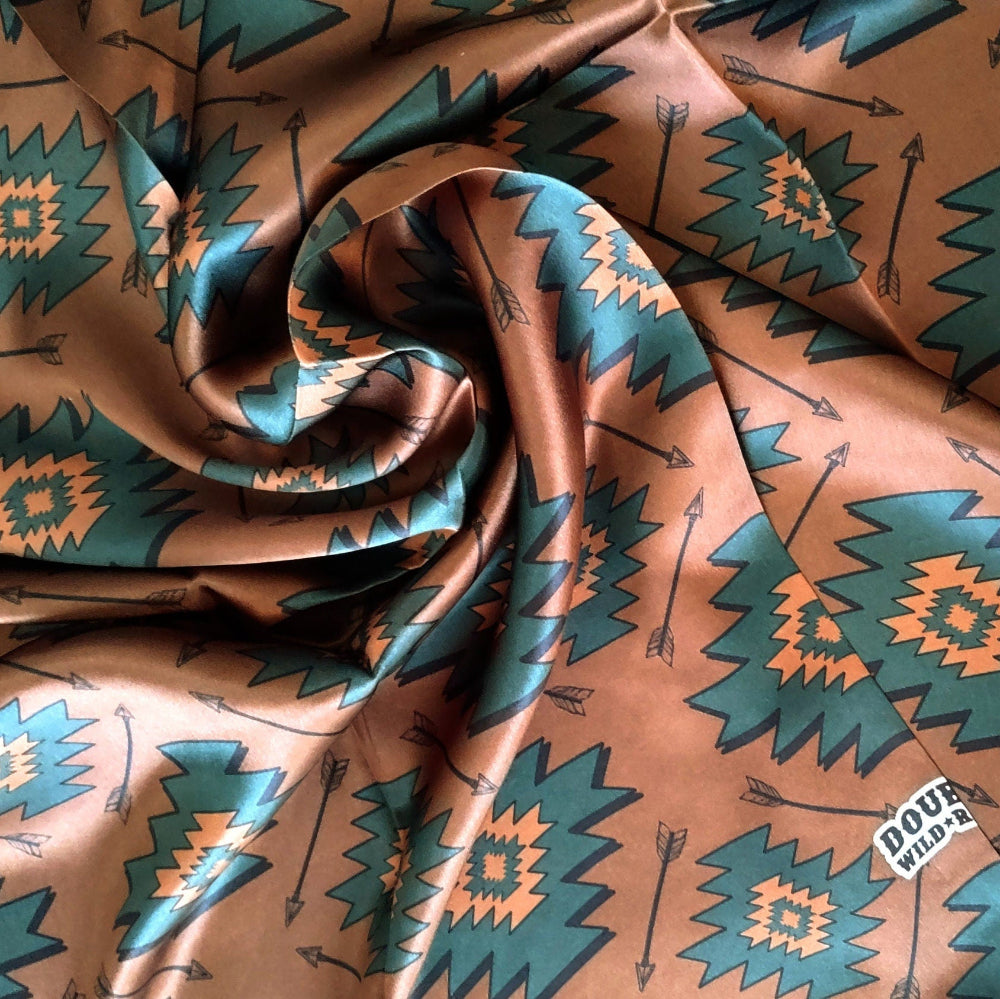 Close-up of Wild Rag 100% SILK Brown Teal Green Aztec Arrow Western Neck Scarf Bandana Medium Brown with Dark Teal Green Aztec shapes and black arrows