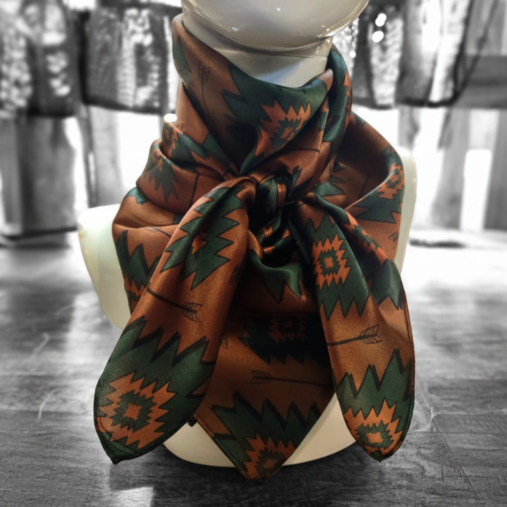 Wild Rag 100% SILK Brown Teal Green Aztec Arrow Western Neck Scarf Bandana Medium Brown with Dark Teal Green Aztec shapes and black arrows creative
