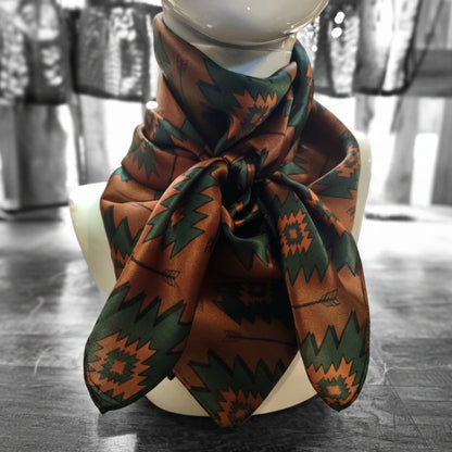 Wild Rag 100% SILK Brown Teal Green Aztec Arrow Western Neck Scarf Bandana Medium Brown with Dark Teal Green Aztec shapes and black arrows creative