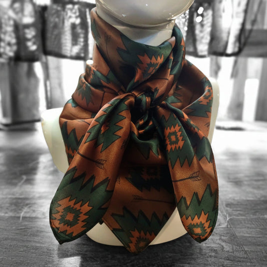 Wild Rag 100% SILK Brown Teal Green Aztec Arrow Western Neck Scarf Bandana Medium Brown with Dark Teal Green Aztec shapes and black arrows creative