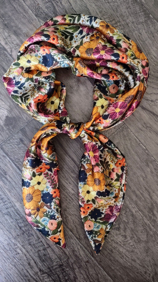 Wild Rag 100% SILK Ivory and Gold Embroidered print Western Neck Scarf Bandanna by Double B Wild Rags
