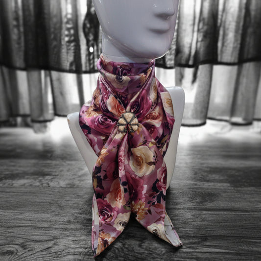 A western Wild Rag with a Lilac, Mauve, Ivory, Gold, Sage, Navy Blue Floral pattern