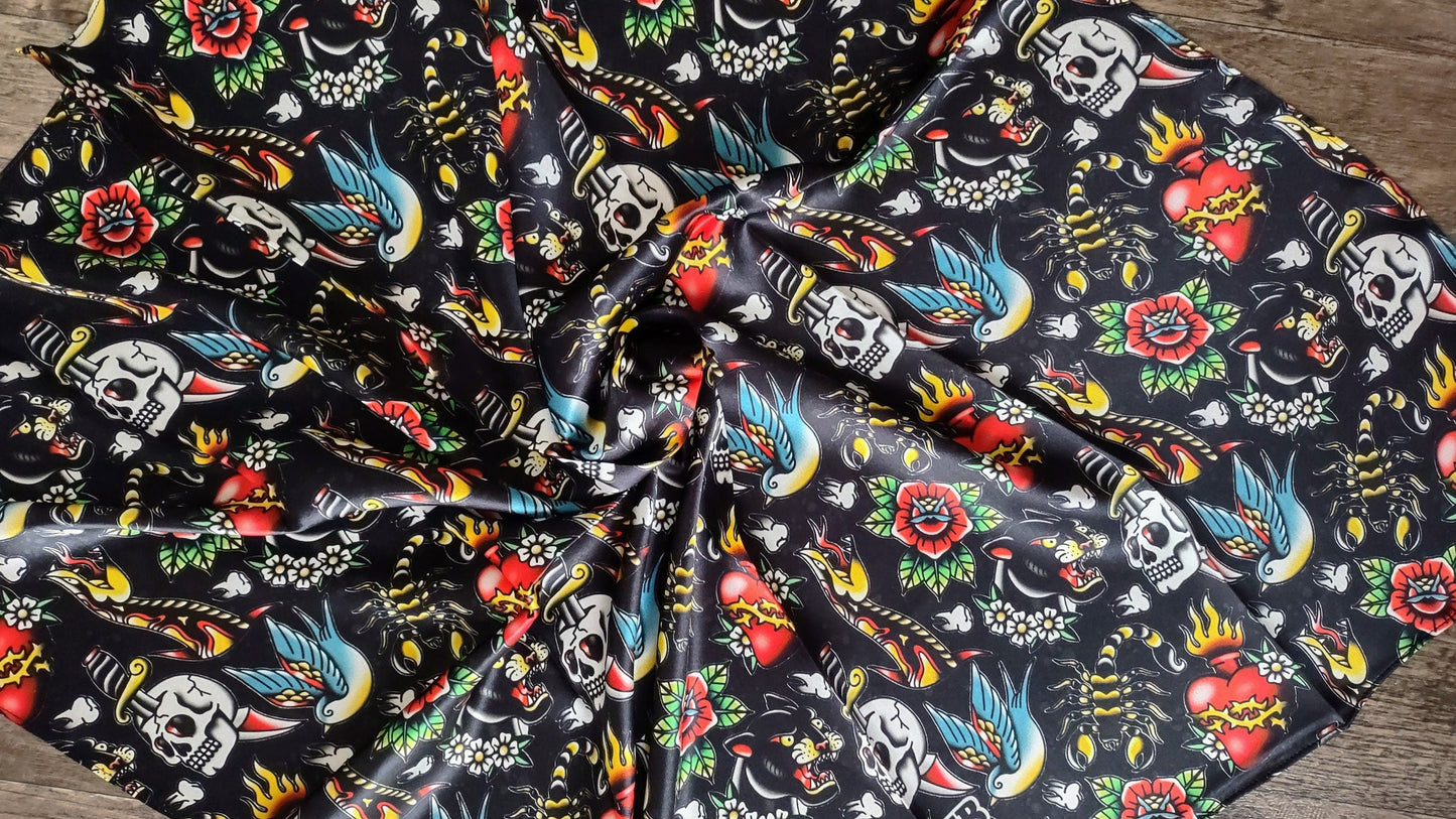 Wild Rag 100% SILK Black Classic Tattoos Skulls Cowboy Western Neck Scarf Bandana by Double B Wild Rags