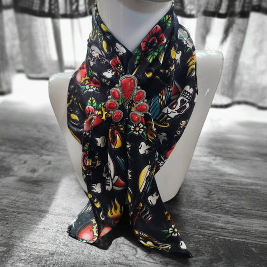 Wild Rag 100% SILK Black Classic Tattoos Skulls Cowboy Western Neck Scarf Bandana by Double B Wild Rags