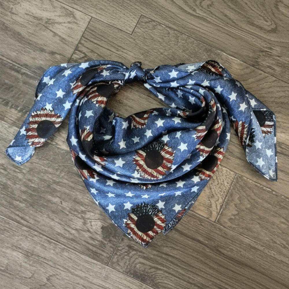 Wild Rag 100% SILK Denim Stars USA Sunflower Western Neck Scarf Bandana by Double B