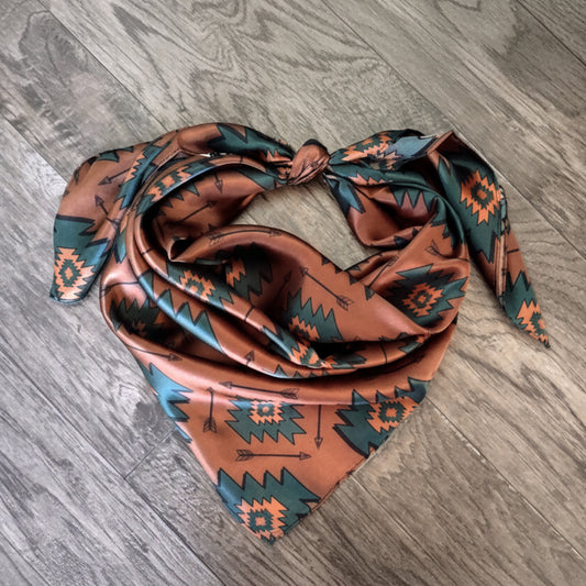 Wild Rag 100% SILK Brown Teal Green Aztec Arrow Western Neck Scarf Bandana Medium Brown with Dark Teal Green Aztec shapes and black arrows