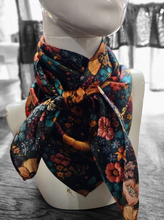 Wild Rag 100% SILK Dark Blue Green and Gold Embroidered print Western Neck Scarf Bandanna by Double B Wild Rags