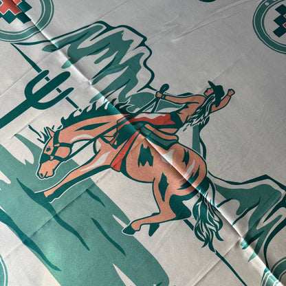 Close-up of Wild Rag 100% SILK Desert Cowgirl Cactus Cowboy Neck Scarf Bandana Double B Ivory White, light teal blue, coral pink.