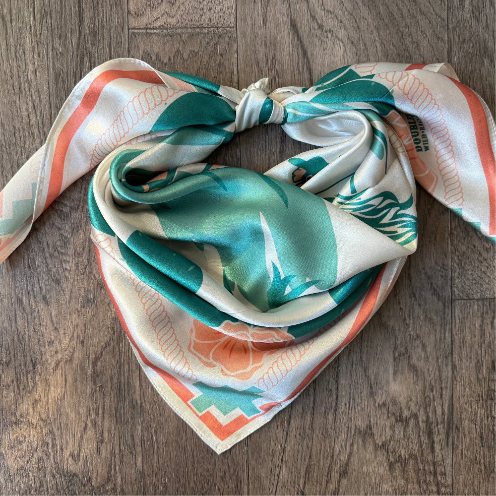 Wild Rag 100% SILK Desert Cowgirl Cactus Cowboy Neck Scarf Bandana Double B Ivory White, light teal blue, coral pink.