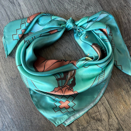 Wild Rag 100% SILK Soft Teal Blue Desert Mustang horse and Cactus Cowboy Neck Scarf Bandanna by Double B Wild Rags