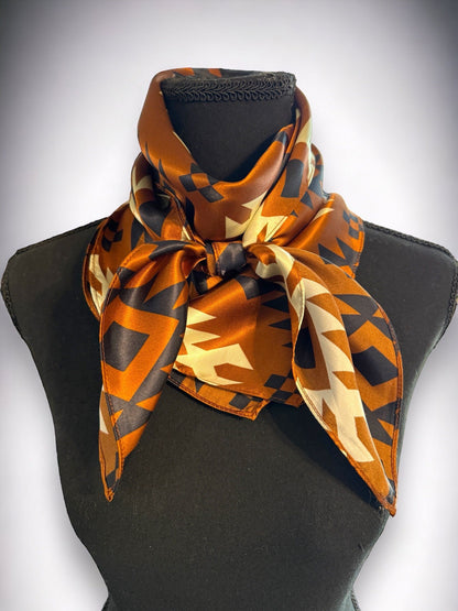 100% Silk Wild Rag Cognac Rust Brown Black Ivory Tribal Native pattern by Double B Wild Rags