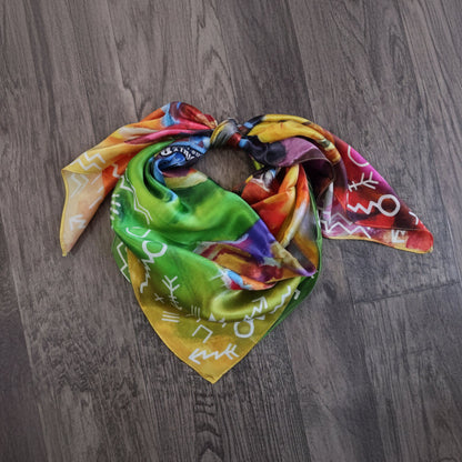 Art on a Scarf Wild Rag by BB Wyatt War Horse with war symbols  multi colored neon red, green, yellow, orange, white