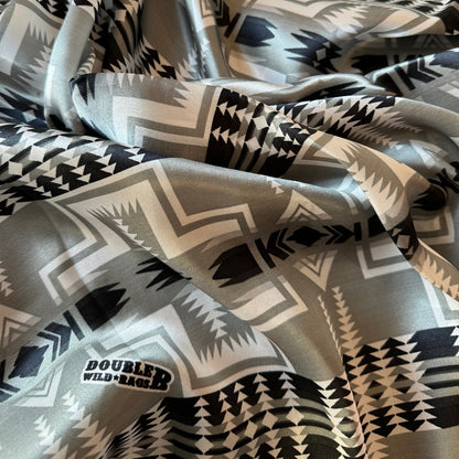 Silk Wild Rag Black and Silver Navajo Native Print by Double B Wild Rags with Shades of grey with black Navajo Cross close-up