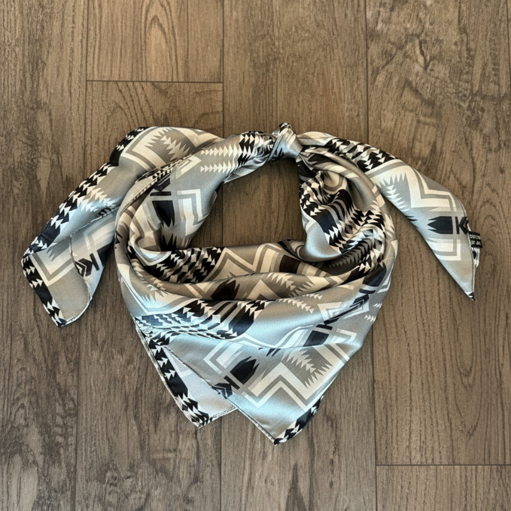 Silk Wild Rag Black and Silver Navajo Native Print by Double B Wild Rags with Shades of grey with black Navajo Cross