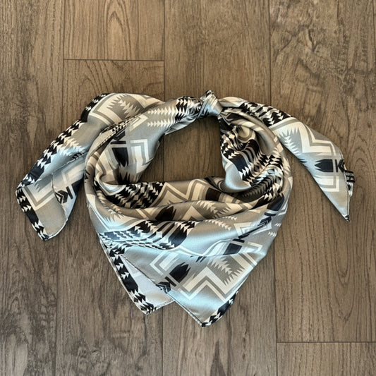 Silk Wild Rag Black and Silver Navajo Native Print by Double B Wild Rags with Shades of grey with black Navajo Cross