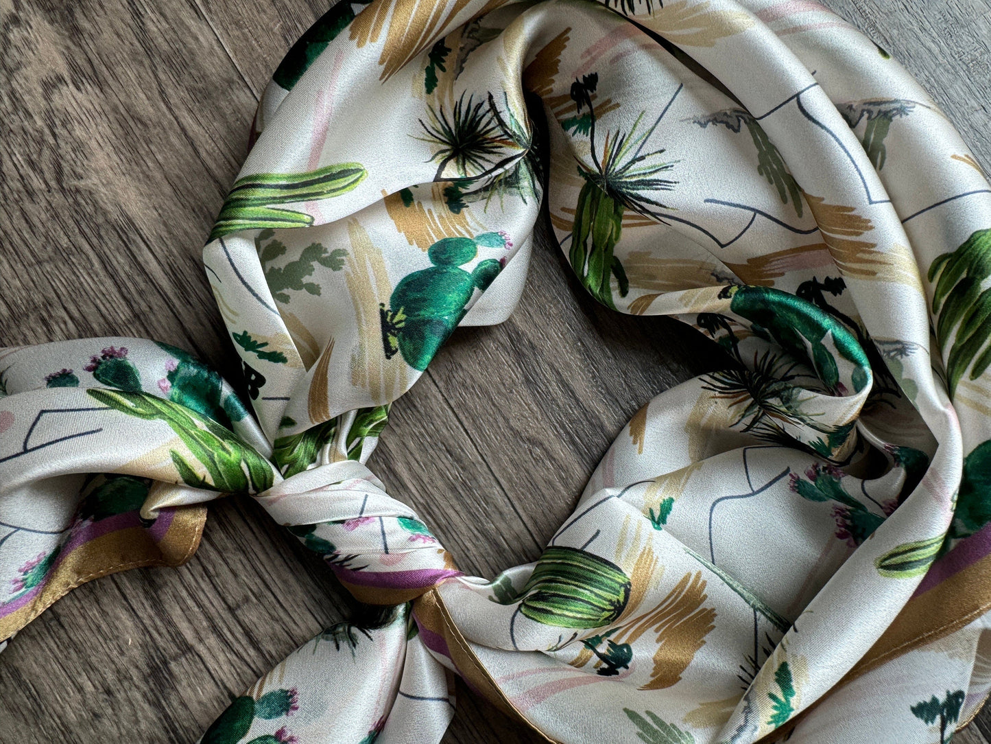 100% Silk Wild Rag Green and Gold Vintage Desert cactus  by Double B Wild Rags