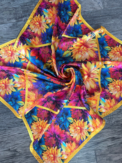 100% Silk Wild Rag “Golden Dahlias” pink purple blue orange yellow by Double B Wild Rags
