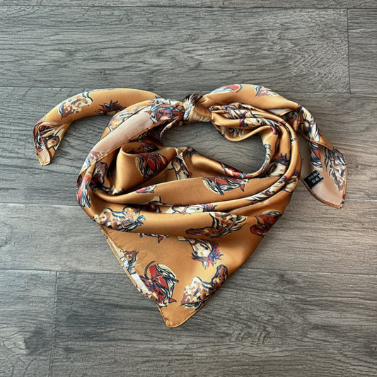 100% Silk Wild Rag Double B Neck Scarf Bandana with Hand drawn horse heads Cow Ponies scattered over a dark gold background.