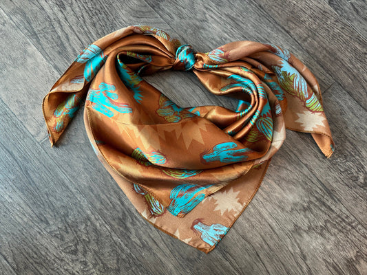100% Silk Wild Rag “Rusty Cactus” by Double B Wild Rags dark rust orange, turquoise blue, light green