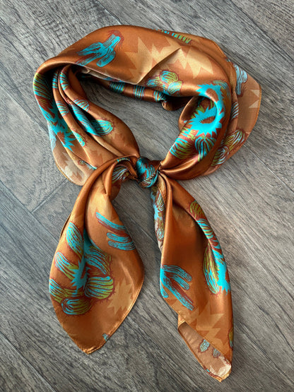 100% Silk Wild Rag “Rusty Cactus” by Double B Wild Rags dark rust orange, turquoise blue, light green