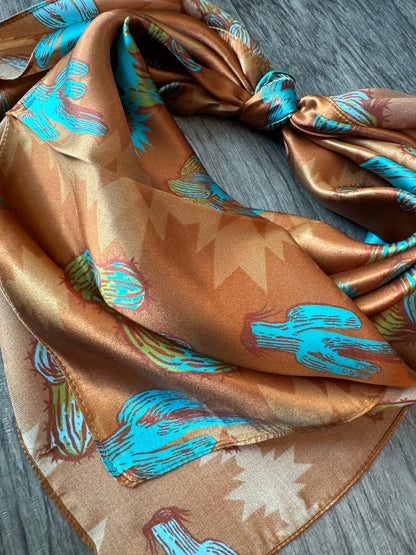 100% Silk Wild Rag “Rusty Cactus” by Double B Wild Rags dark rust orange, turquoise blue, light green