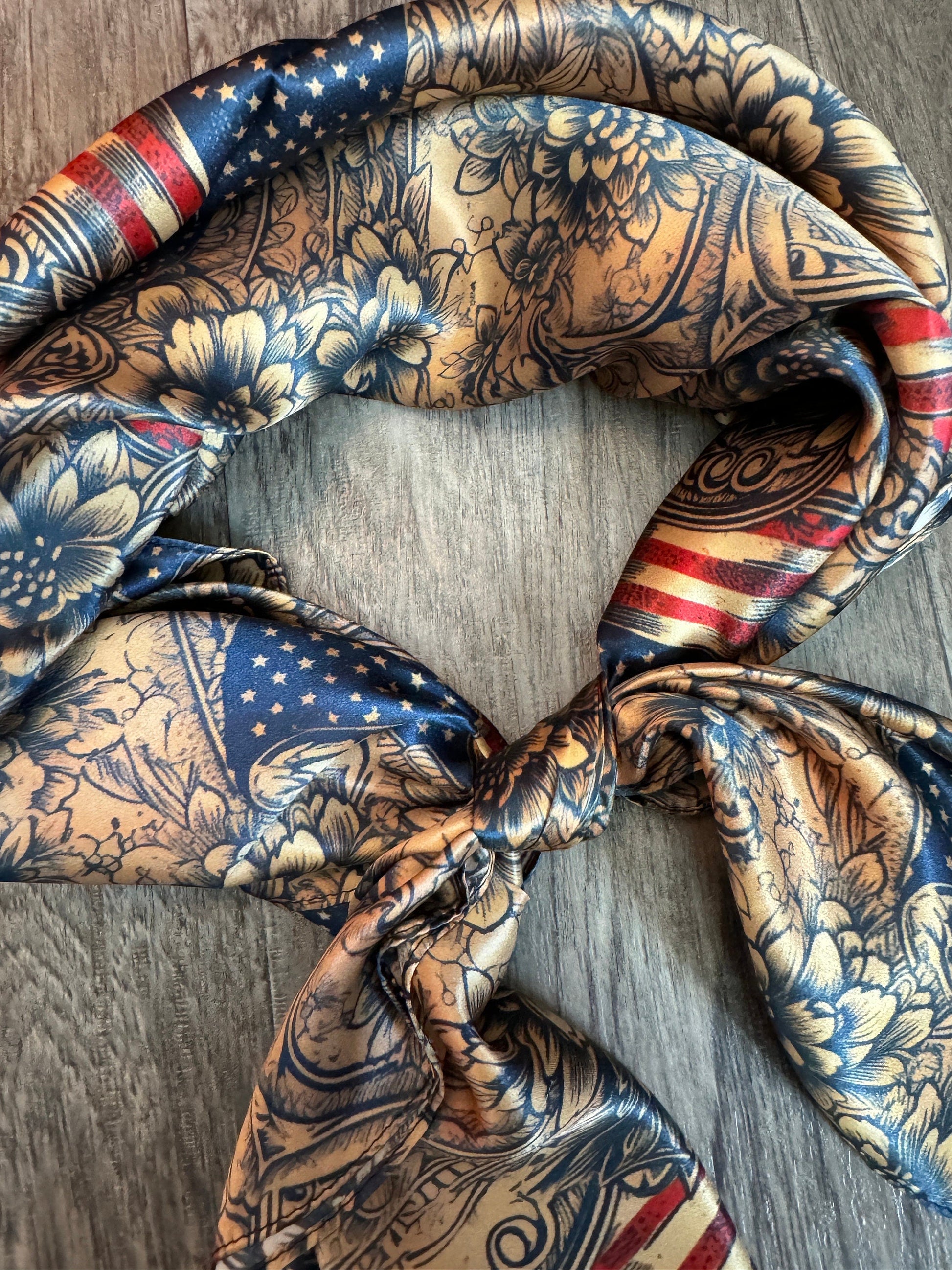 Close up of a Wild Rag 100% Silk Patriotic Vintage Gold Floral American Flag Cowboy Western Neck Scarf Bandana by Double B Wild Rags