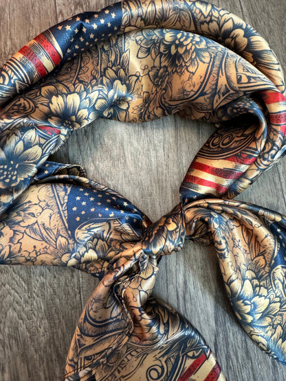 Close up of a Wild Rag 100% Silk Patriotic Vintage Gold Floral American Flag Cowboy Western Neck Scarf Bandana by Double B Wild Rags