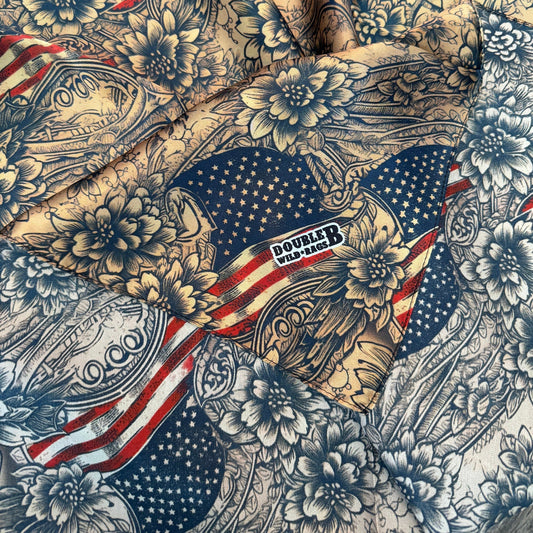 Close up of a Wild Rag 100% Silk Patriotic Vintage Gold Floral American Flag Cowboy Western Neck Scarf Bandana by Double B Wild Rags