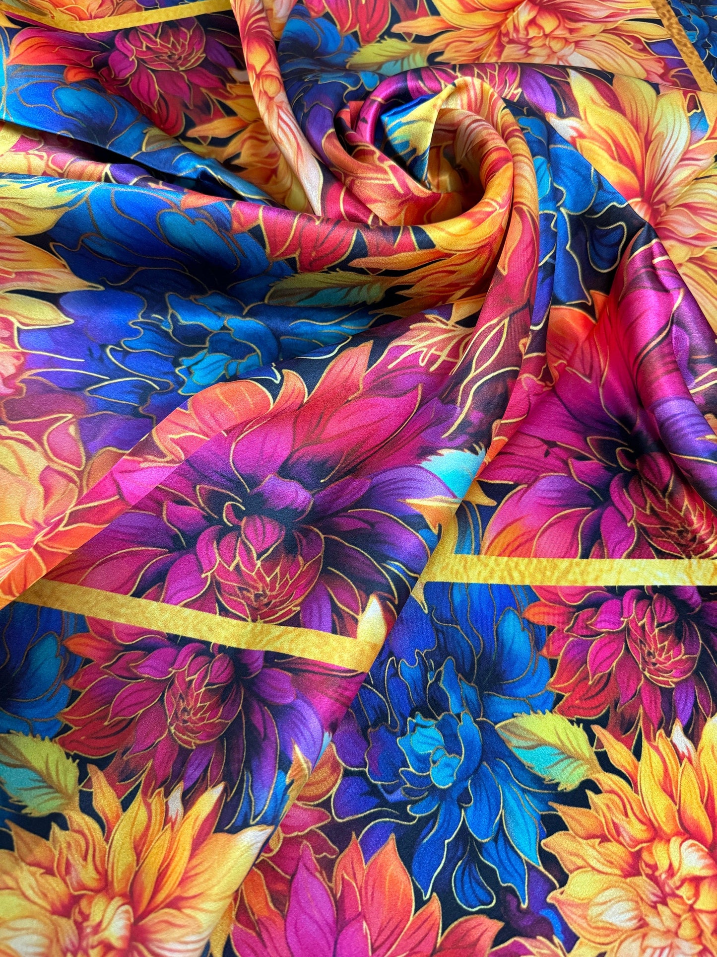 100% Silk Wild Rag “Golden Dahlias” pink purple blue orange yellow by Double B Wild Rags