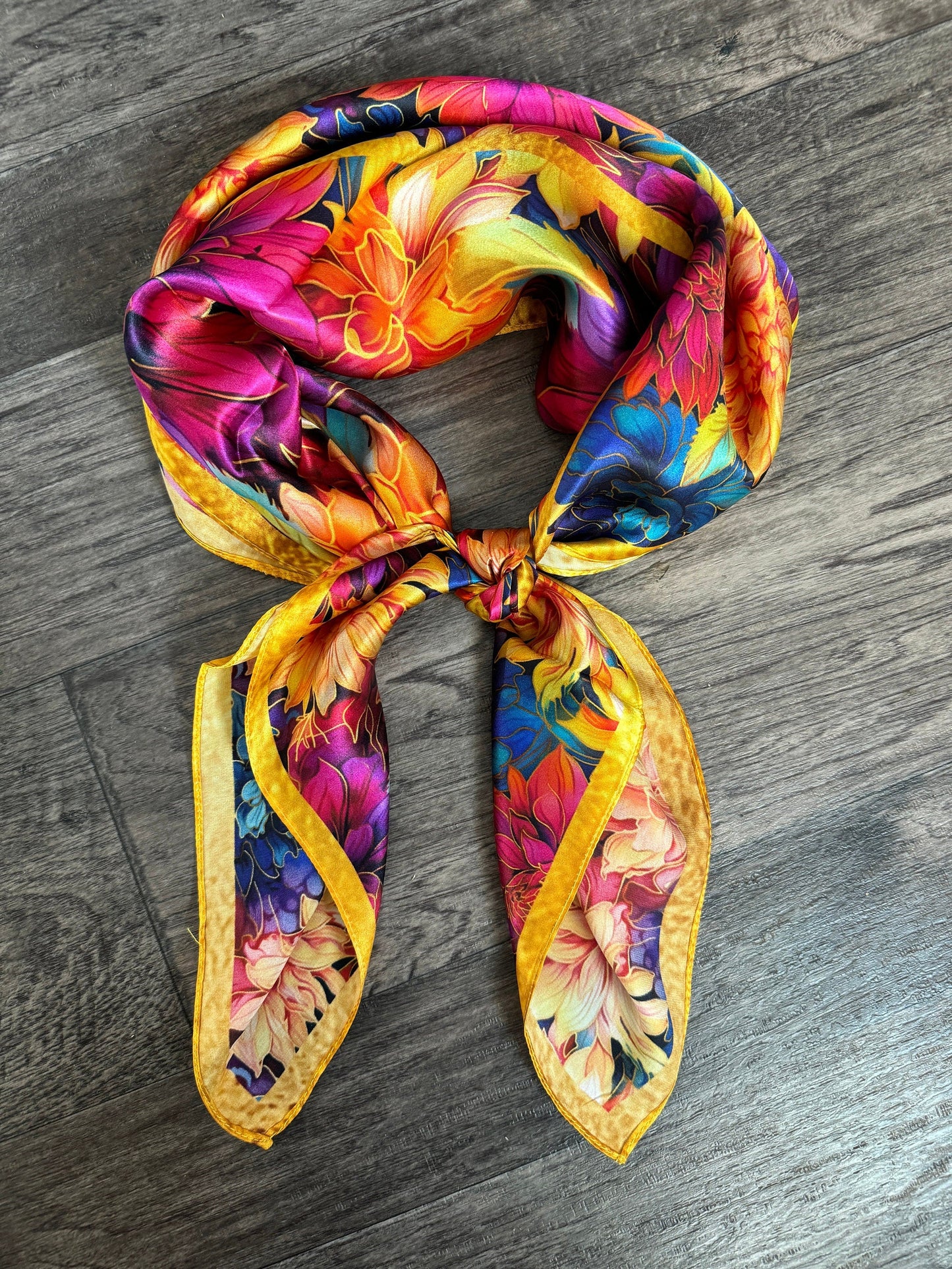 100% Silk Wild Rag “Golden Dahlias” pink purple blue orange yellow by Double B Wild Rags