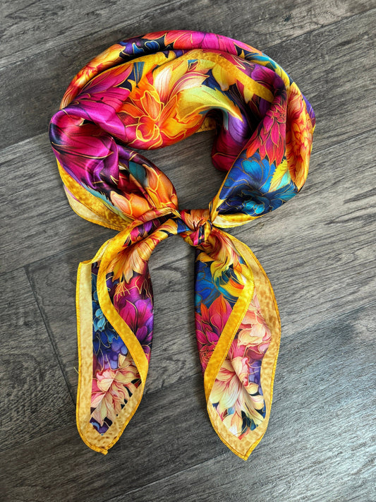 100% Silk Wild Rag “Golden Dahlias” pink purple blue orange yellow by Double B Wild Rags